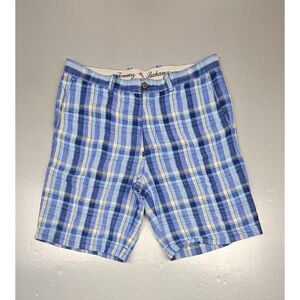 Tommy Bahama Shorts Mens 32'. Blue Plaid Linen‎ Blend Chino Beach Casual.